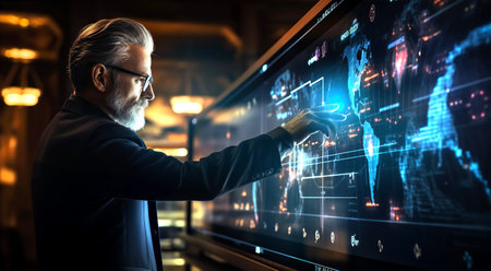 Successful businessmen works with touch screen, analysing data, reading reports, control the process.の素材