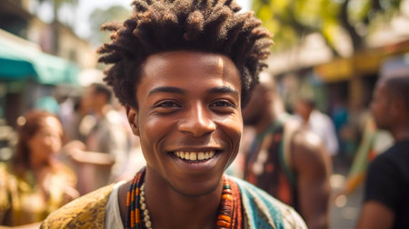 Portrait of young black man smiling to camera at street marketの素材