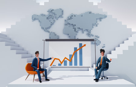 Businessman having a presentation, talks about profits. People collaborating on a project, sharing ideas. Office worker are running up and down stairs in an abstract business envirの写真素材