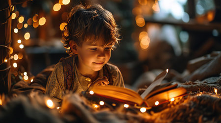 Little boy reading a book at home. Happy childhood, Christmas and New Year concept.の素材