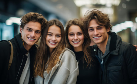 Portrait of Group of young students, friends in city.の素材