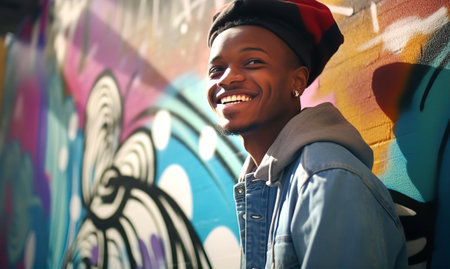 Young african american artist  smiling against graffiti wall.の素材