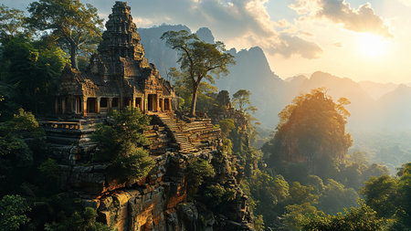 Ruins of ancient temple in morning in jungle inspired by Cambodia or Indonesiaの素材