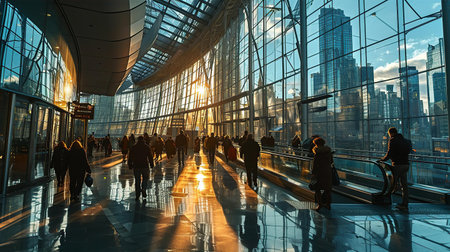 crowd of people walking in the corridor of a modern office buildingの素材