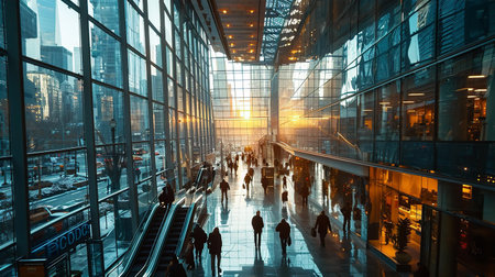 crowd of people walking in the corridor of a modern office buildingの素材