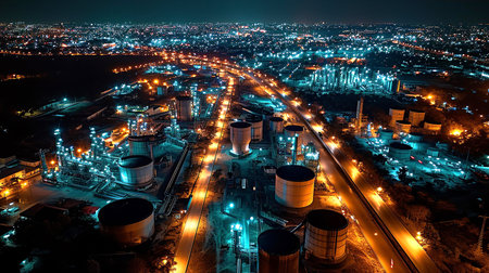 Aerial view of big  oil refinery plant at night with beautiful lights. Industrial landscape.の素材