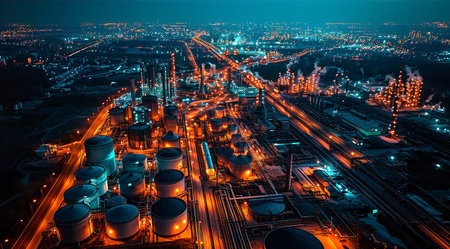 Aerial view of big  oil refinery plant at night with beautiful lights. Industrial landscape.の素材