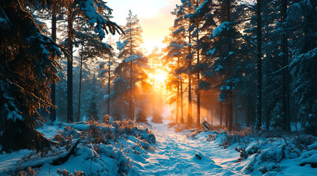 Beautiful winter landscape with sunbeams in the snowy forest.の素材