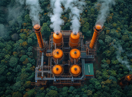 Chimneys of gas refinery plant drone view. Refinery factory oil storage tank. Industrial siteの素材