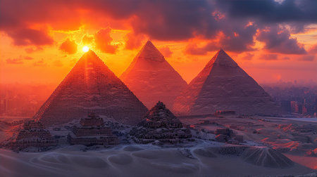 Beautiful Sunset in African desert over the Egyptian pyramidsの素材