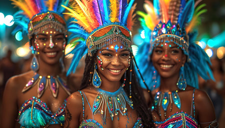 Beautiful young dancer in carnival costume inspired by Brazilian parade cultureの素材