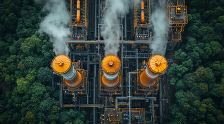 Chimneys of gas refinery plant drone view. Refinery factory oil storage tank. Industrial siteの素材