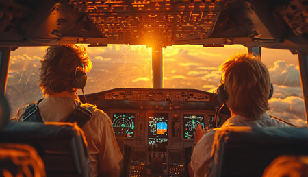 Pilot in airplane cabin gets ready for landing. Beautiful sunset on horizonの素材