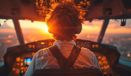 Pilot in airplane cabin gets ready for landing. Beautiful sunset on horizonの素材