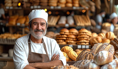 Attractive baker in bakery shop portrait, smile to camera. Small local business conceptの素材