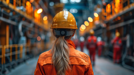 Portrait of ciivil engineer, construction manager in hard-helmet and yellow robe at building site.の素材
