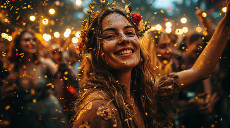 Portrait of smiling young women on party making selfie with confetti.の素材