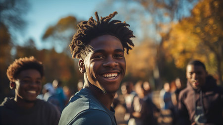 Young happy black people playing basketball at local sport city courtの素材