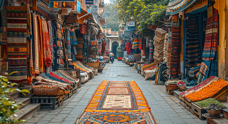 Old narrow street of the traditional Bazaar Market in Asia. Small shops are selling ceramics, carpets, spices fruits and souvenirsの素材