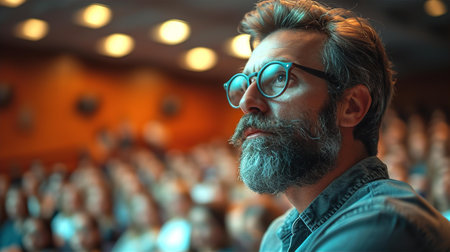 Young man, student is listening a speech in conference hall, theatre. Learning and leisure conceptの素材