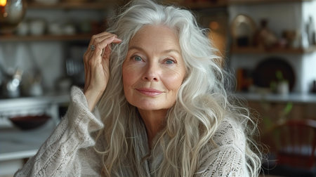 Portrait of a beautiful senior woman with grey hair and wise eyes, relaxed and looking to cameraの素材