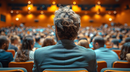 Businessman having a speech in front of big audience in conference hall, theatre. Learning and leisure conceptの素材