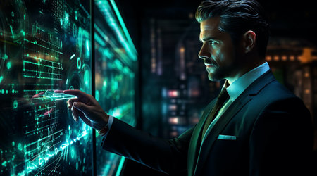 Professional man looking on digital screen with light indicators, monitoring progress, checking data, reading reportsの素材