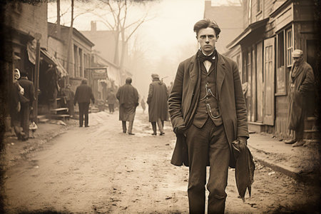 Young student walking on street, Vintage photo of 1890thの素材
