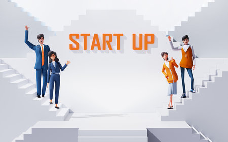 Successful business team are waving in order to say hi in environment with many stairs.  3D rendering illustration with START UP sign at the background and copy spaceの写真素材