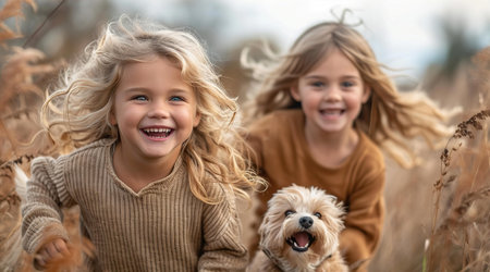 Happy kids and dog are running together towards cameraの素材