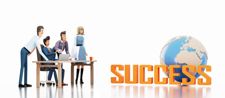 Successful business team and Big Success sign next to globe. 3D rendering