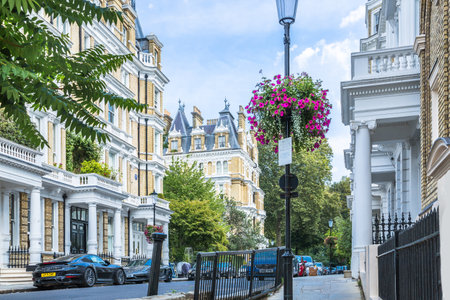 London, UK - 9 September, 2023: Beautiful periodic building of Notting Hill, one of the richest areas to live with fancy lifestyle. Street photographyのeditorial素材