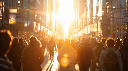 Crowd of people walking on wide city street with sunset at the background., City life, social issues conceptの素材