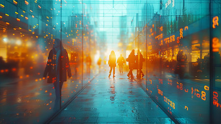 Group of people walking against of sunset in modern office building glass lobbyの素材