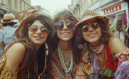 Group portrait of hippies people at street, 1970th, retro vintage photoの素材