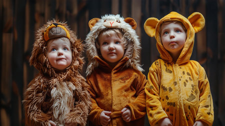 Adorable little kids in animal's costumes are watching performance, smiling and emotionally responding to showの素材