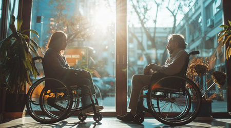 People in wheel chairs spending time together, talking by the windowの素材