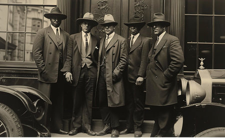 Vintage photo of Italian mafia members are stay next to carの素材