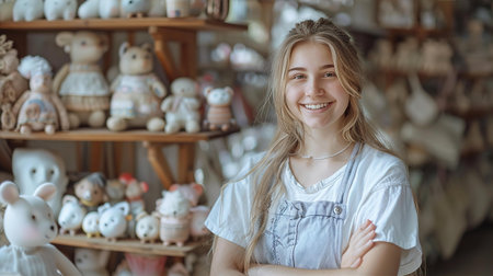 Portrait of woman making soft toys in her studio, lots of toys are sitting on shelves, business and hobby conceptの素材
