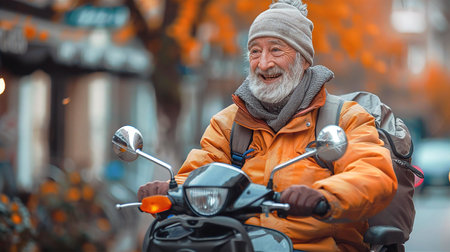Happy elderly man driving motorbike in cityの素材