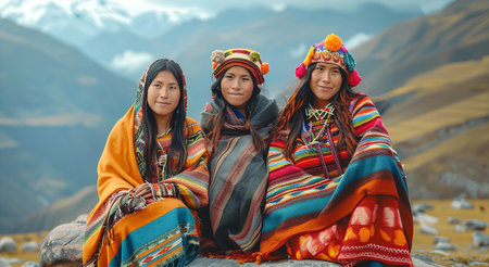 Indigenous peoples of Peru, Young women portrait in traditional clothes is sitting on stone and admiring landscapeの素材