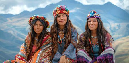 Indigenous peoples of Peru, Young women portrait in traditional clothes is sitting on stone and admiring landscapeの素材