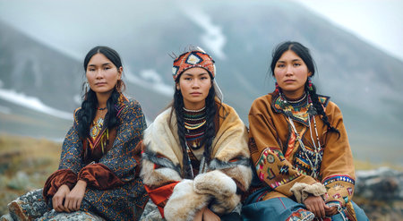 Indigenous peoples of Peru, Young women portrait in traditional clothes is sitting on stone and admiring landscapeの素材