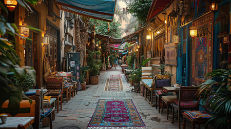 Old narrow street of the traditional Arabic Bazaar Market. Small shops are selling ceramics, carpets, spices fruits and souvenirsの素材