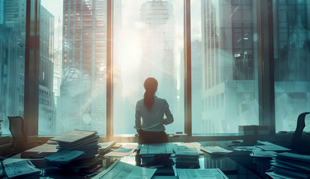 Business people working late hours, having a meeting in modern glass conference room at sunsetの素材