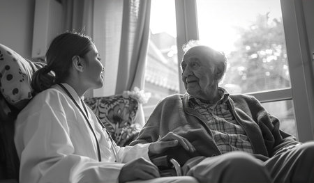 Doctor visiting her patient at home. Old man talking to doctor in domestic environmentの素材