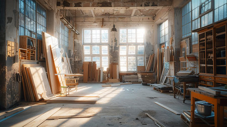 Interior of carpenter studio, working environment, local business conceptの素材