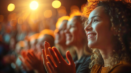Young happy woman applauding at conference, event. Blur of audience at the backgroundの素材