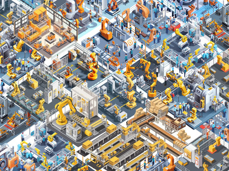 Isometric flat illustration of busy factory with lots of machines, robotic lines, conveyer belts and working peopleの素材