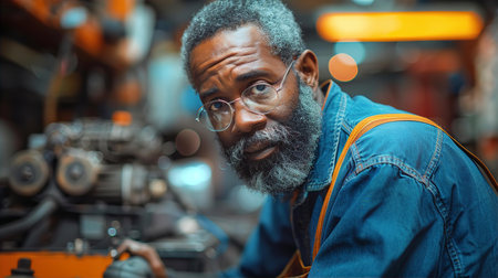 Mechanic works on diagnosing engine problem in garage. Local garage, repair, industrial businessの素材